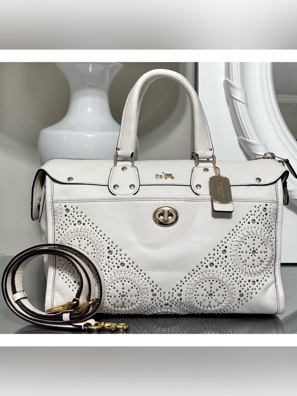 COACH Rhyder Satchel 34756 Chalk Pebble Leather Mini Rivets Crossbody - Picture 2 of 10